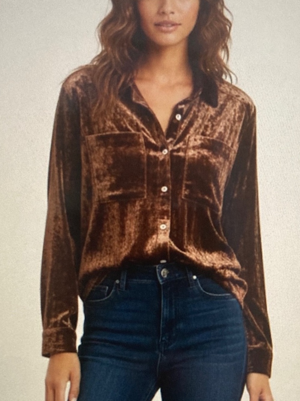 Worn once. Evereve brown velvet button down top